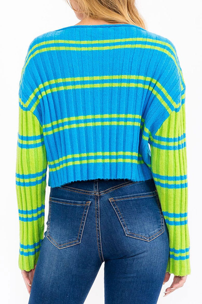 Long sleeve square neck colorblock ribbed crop top (RVWT7749)