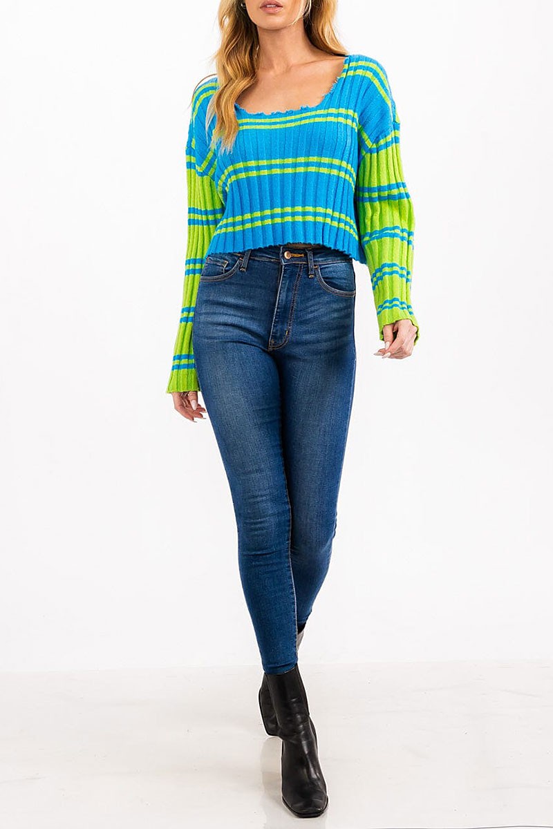 Long sleeve square neck colorblock ribbed crop top (RVWT7749)