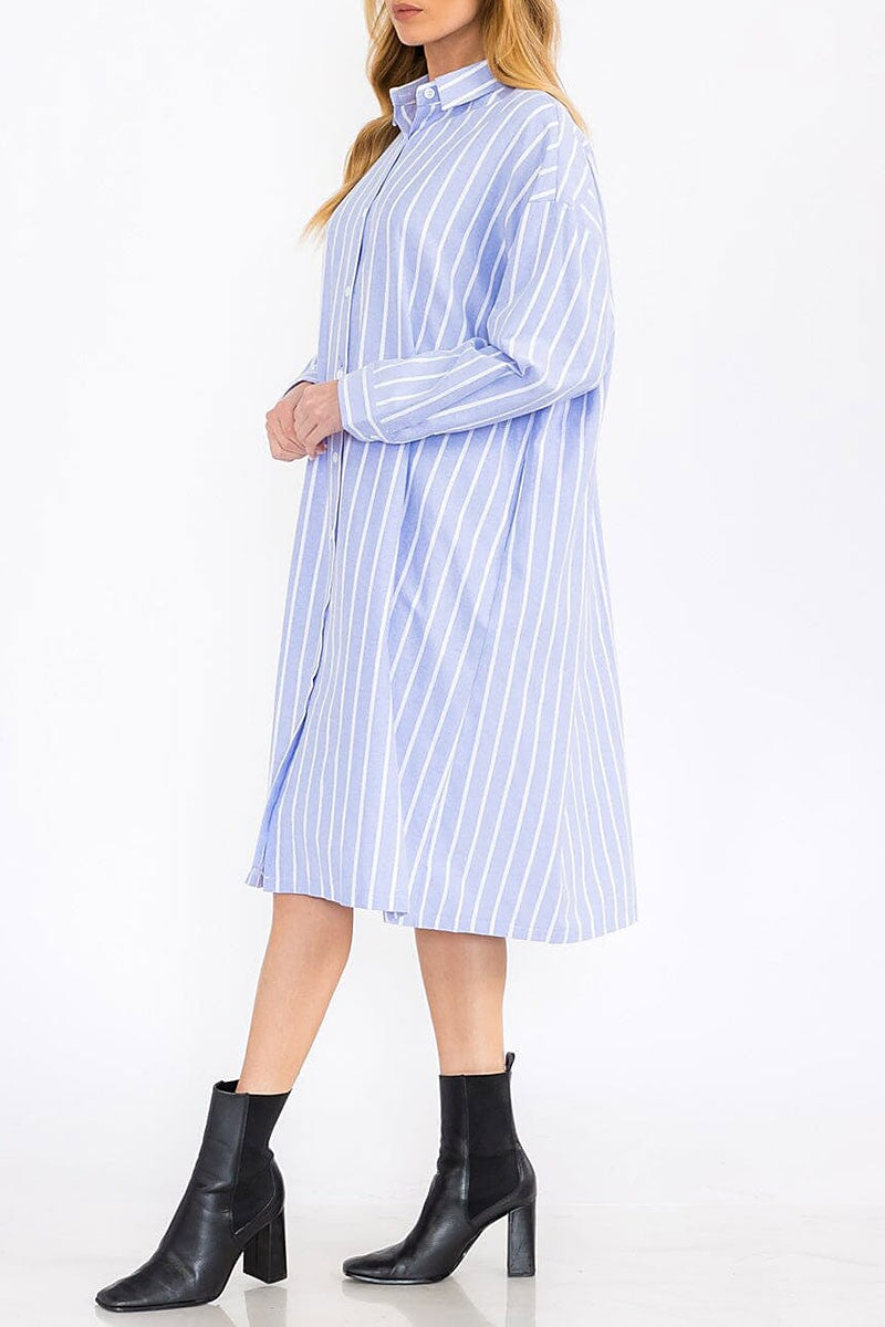 Long sleeve button up striped tunic midi dress (RVWT7760)