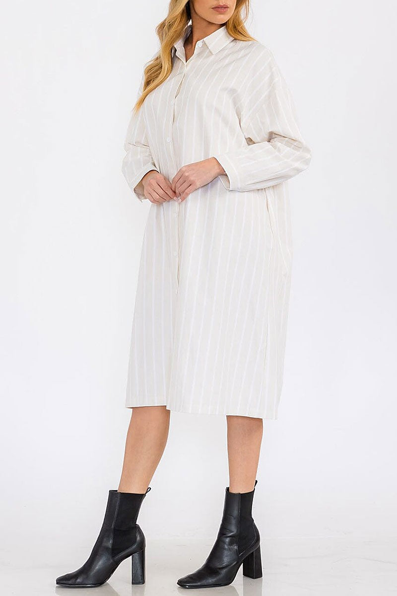 Long sleeve button up striped tunic midi dress (RVWT7760)