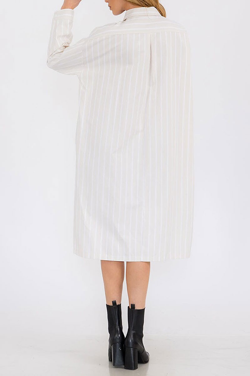 Long sleeve button up striped tunic midi dress (RVWT7760)