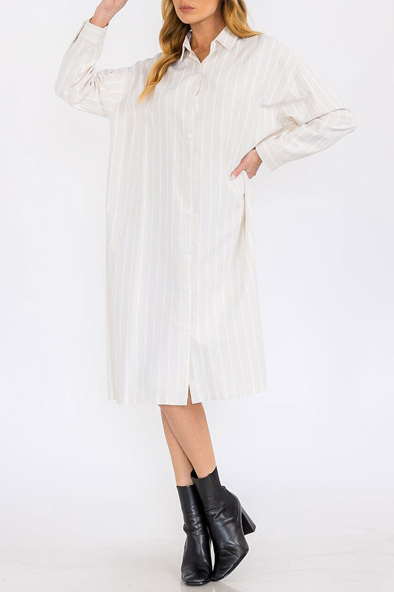 Long sleeve button up striped tunic midi dress (RVWT7760)