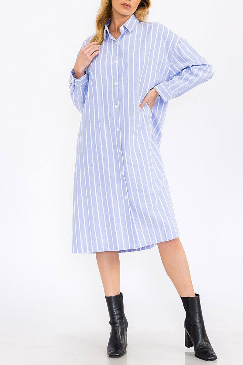 Long sleeve button up striped tunic midi dress (RVWT7760)