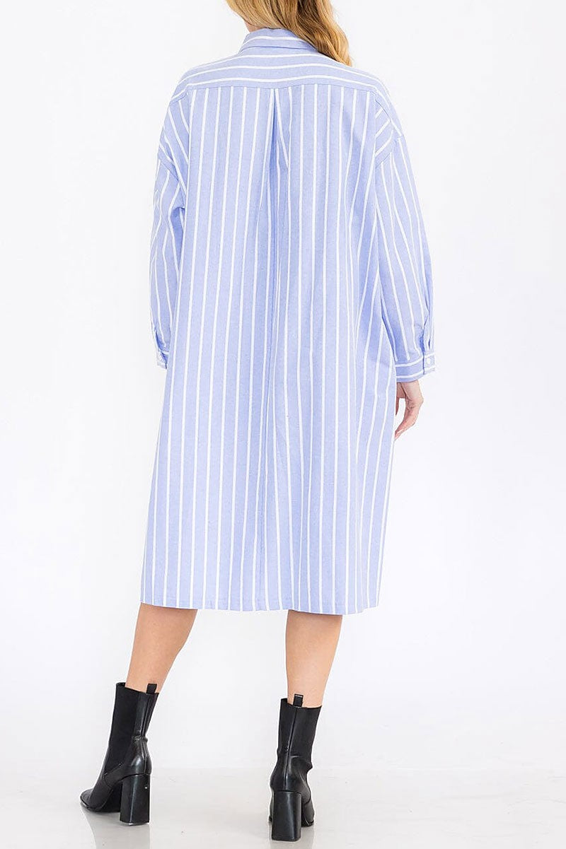 Long sleeve button up striped tunic midi dress (RVWT7760)