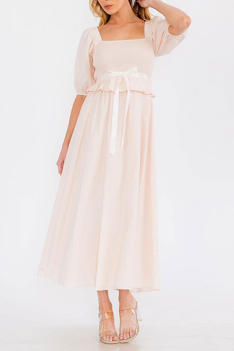 Short puff sleeve square neck smock maxi dress (RVWT7762)