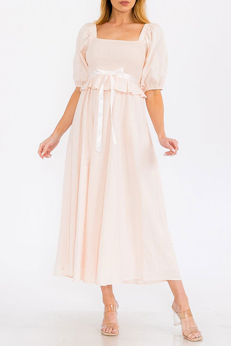 Short puff sleeve square neck smock maxi dress (RVWT7762)