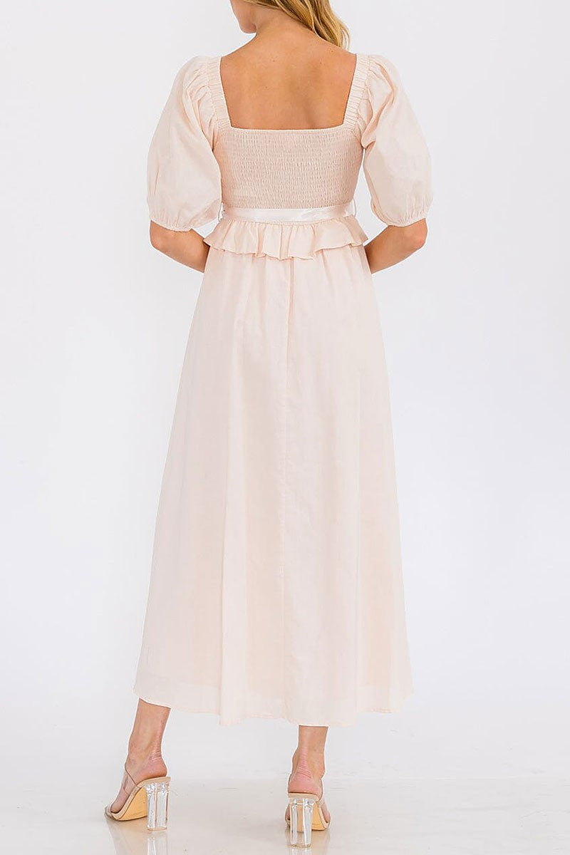 Short puff sleeve square neck smock maxi dress (RVWT7762)