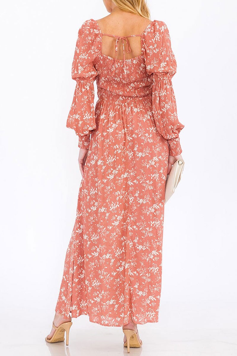 Long sleeve square neck floral print maxi dress (RVWT7769)