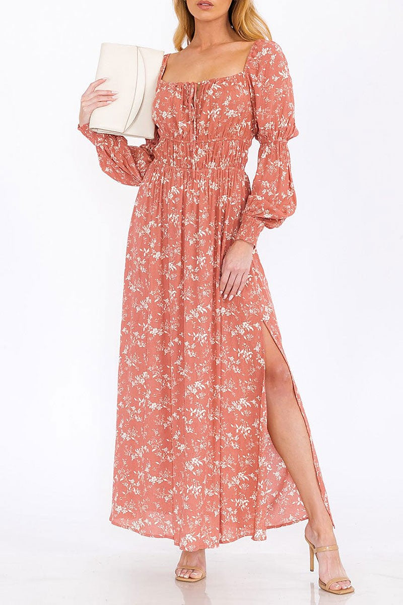 Long sleeve square neck floral print maxi dress (RVWT7769)