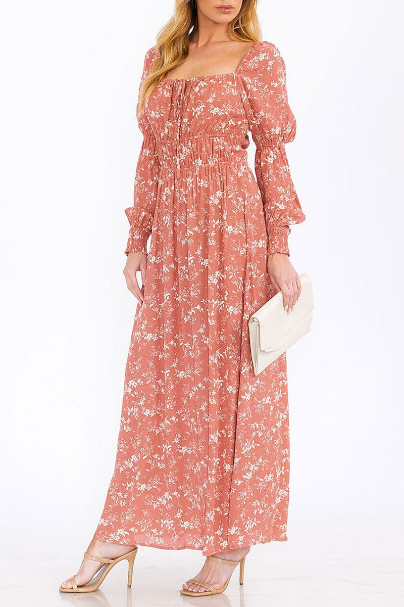 Long sleeve square neck floral print maxi dress (RVWT7769)