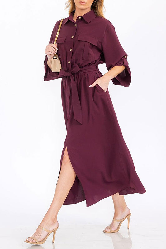 3/4 sleeves button up self tie maxi dress (RVWT7770)