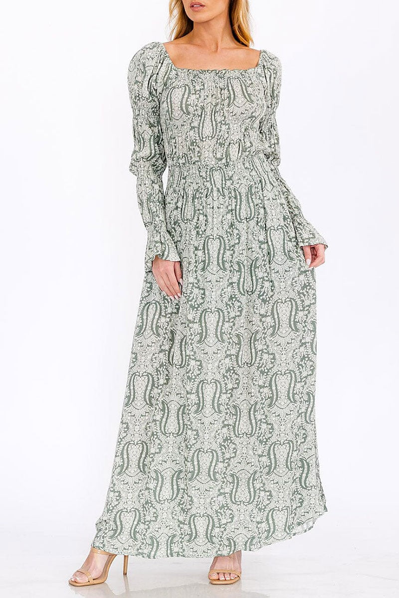 Long sleeve smock square neck printed maxi dress (RVWT7772)