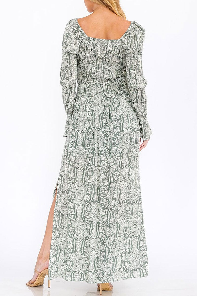 Long sleeve smock square neck printed maxi dress (RVWT7772)