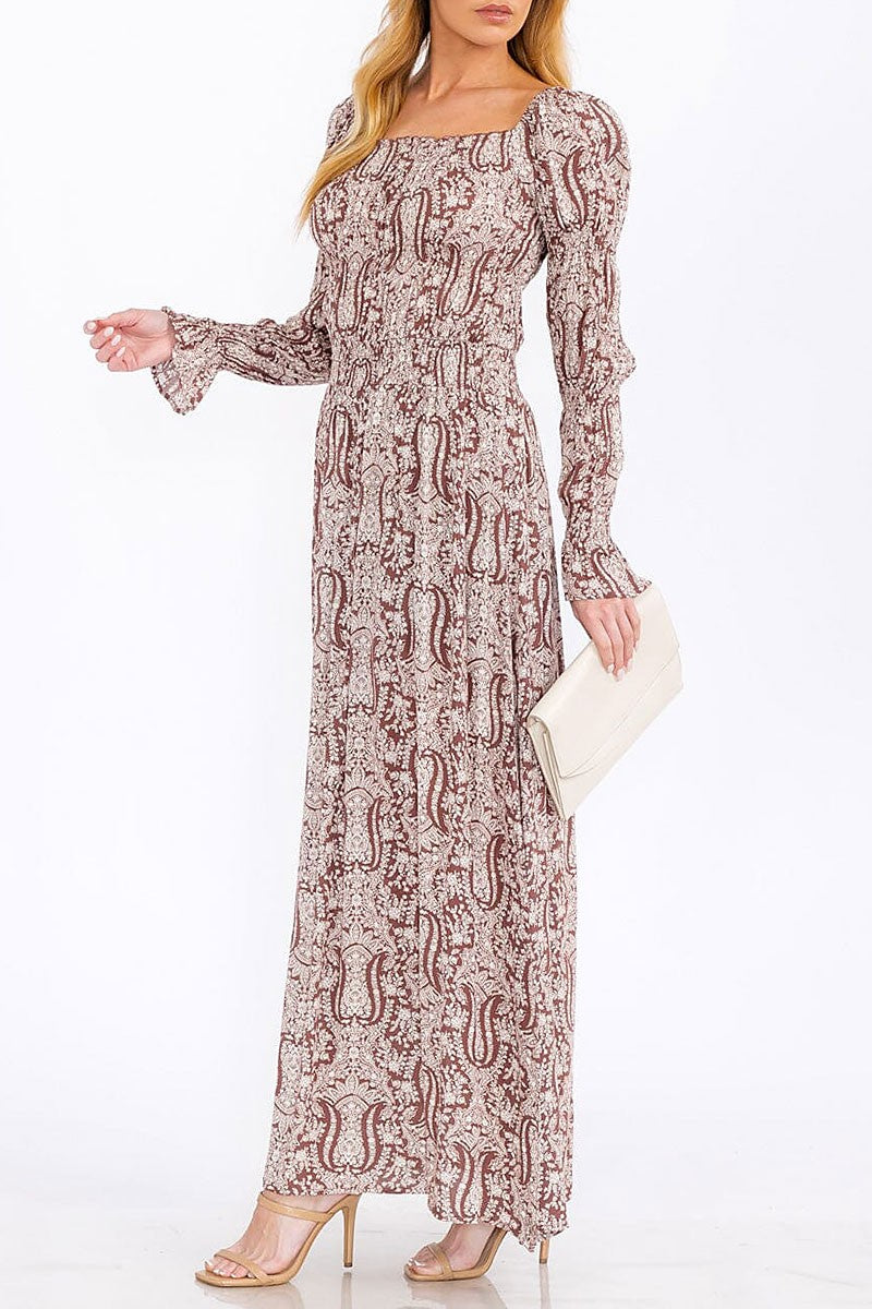 Long sleeve smock square neck printed maxi dress (RVWT7772)