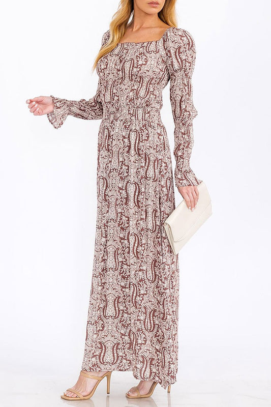 Long sleeve smock square neck printed maxi dress (RVWT7772)