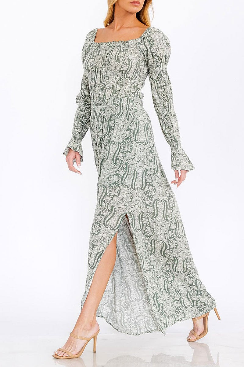 Long sleeve smock square neck printed maxi dress (RVWT7772)