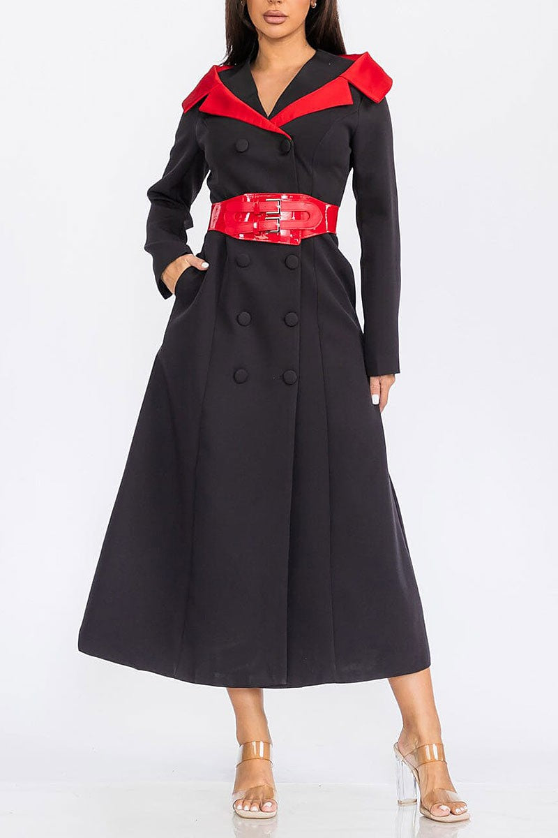 Button closure front pockets belted wrap dress (RVWT7842)