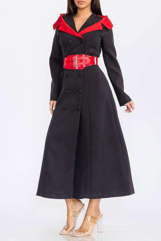 Button closure front pockets belted wrap dress (RVWT7842)