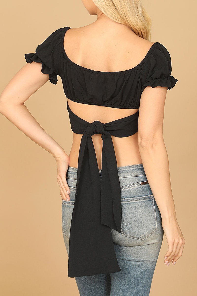 Puff sleeve tie back crop top (RT8485)