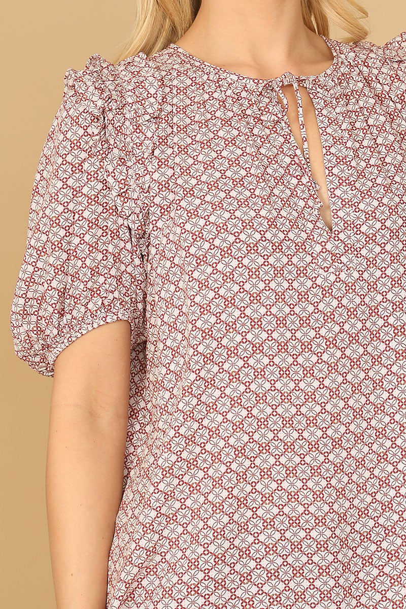 Keyhole tie puff sleeve printed top (RT8487)