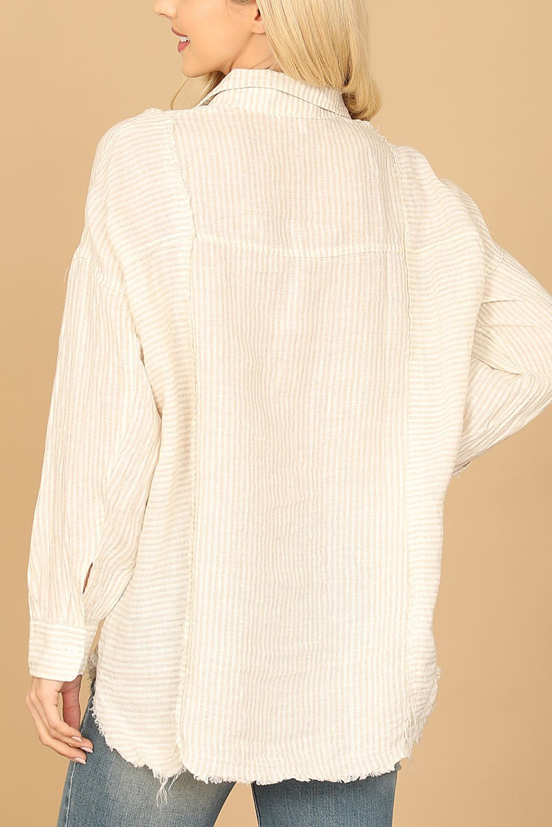 Long sleeve collared button detail stripe top (RT8494)