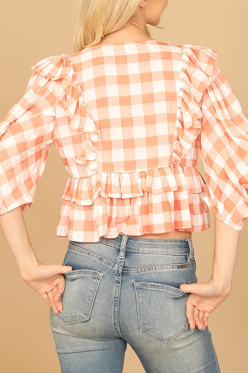 Plaid checkered deep neck ruffle detail crop top (RT8497)