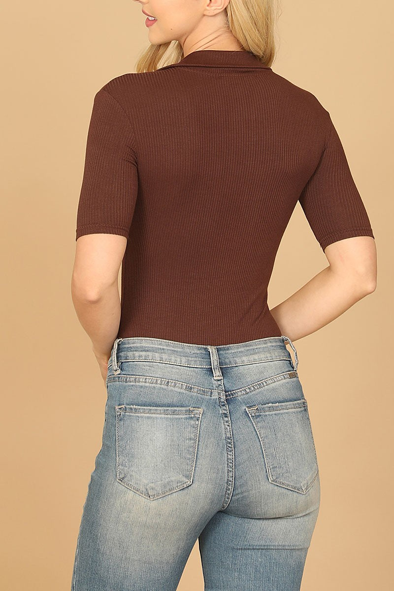 Collared button half ribbed bodysuit (RT8499)