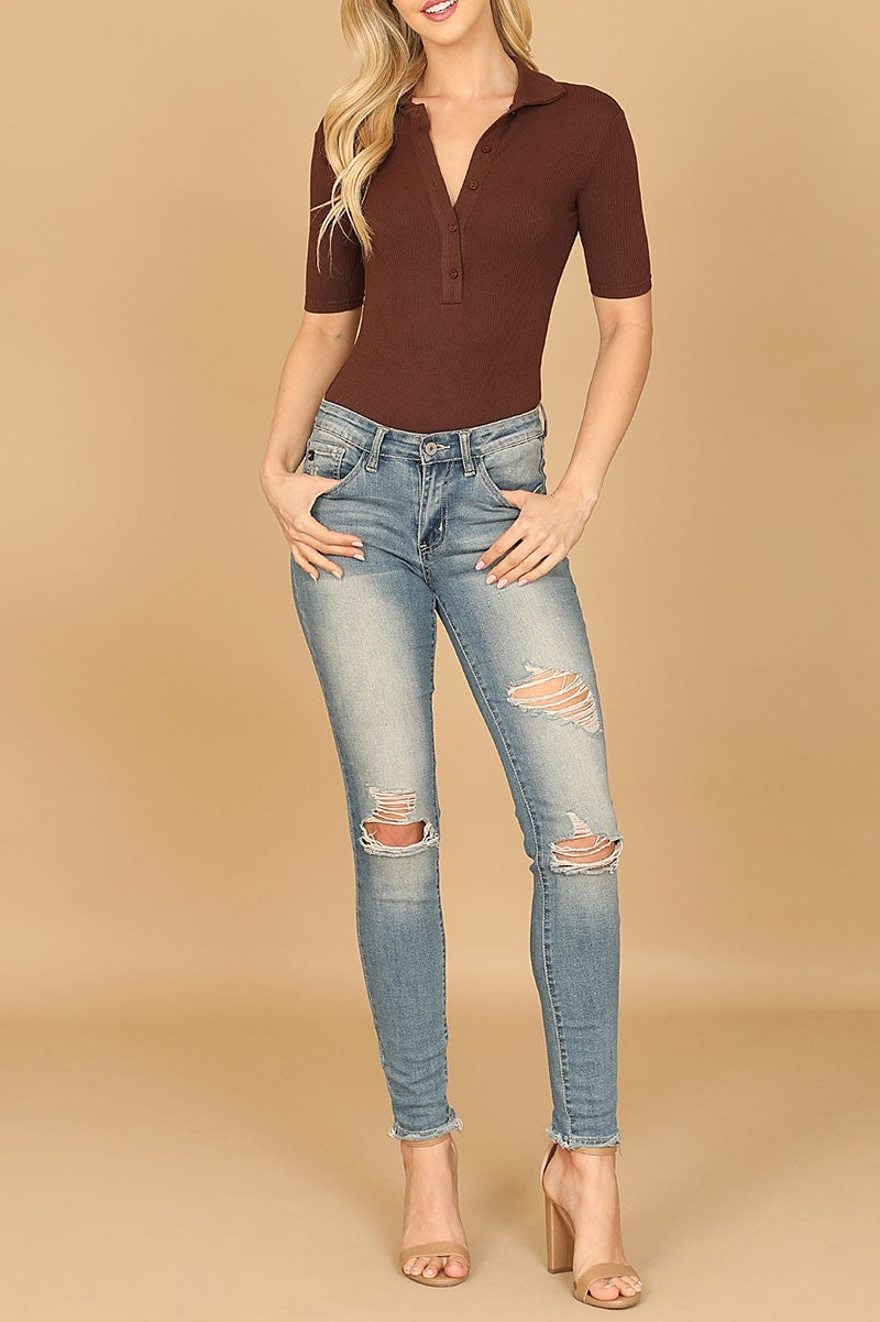 Collared button half ribbed bodysuit (RT8499)