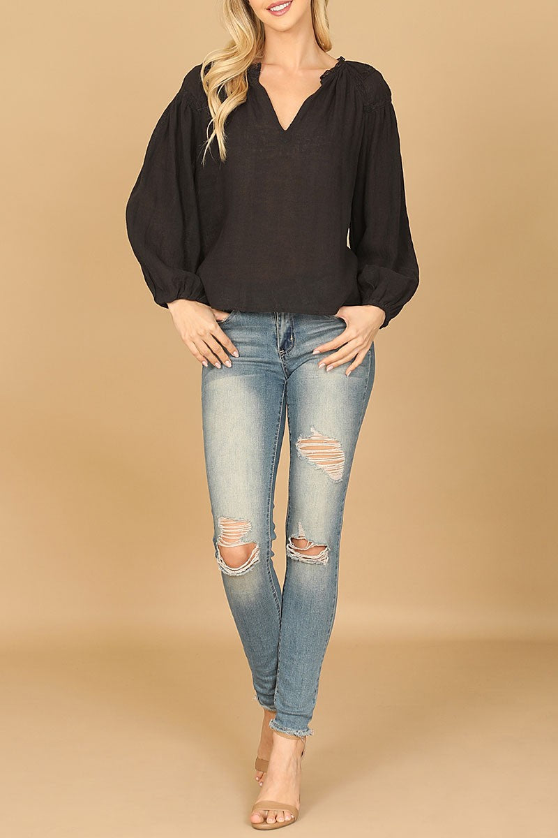 Long puff sleeve notch neck lace top (RT8502)