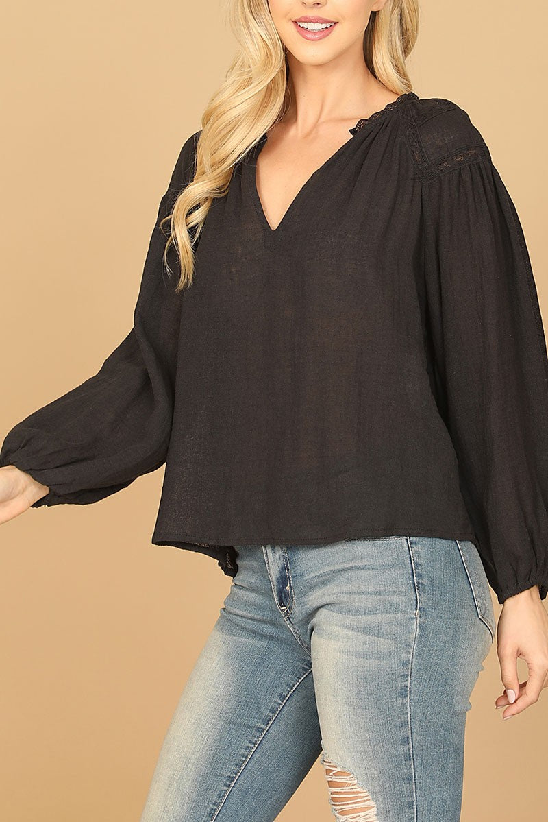 Long puff sleeve notch neck lace top (RT8502)