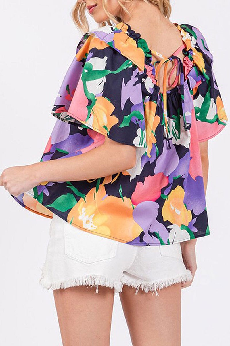 Ruffle sleeve square neck floral print blouse top (RVWT7858)