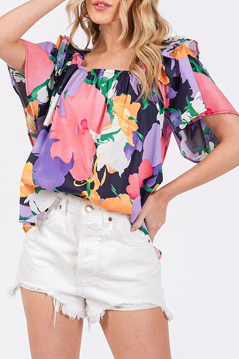 Ruffle sleeve square neck floral print blouse top (RVWT7858)