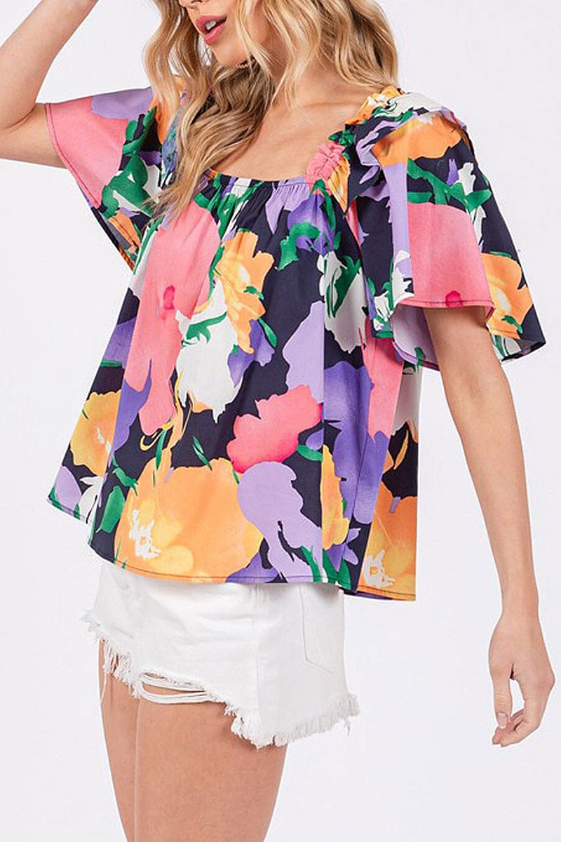 Ruffle sleeve square neck floral print blouse top (RVWT7858)