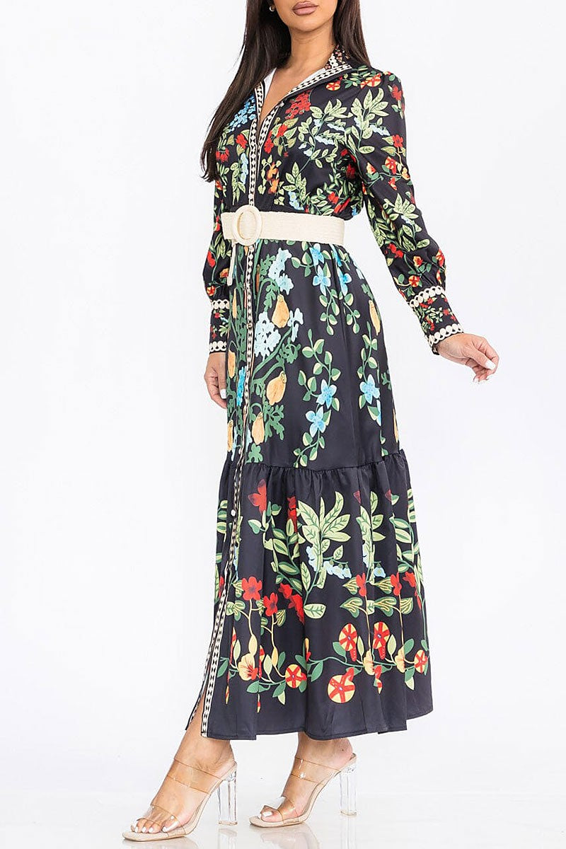 Long sleeve button up front belt floral maxi dress (RVWT7893)