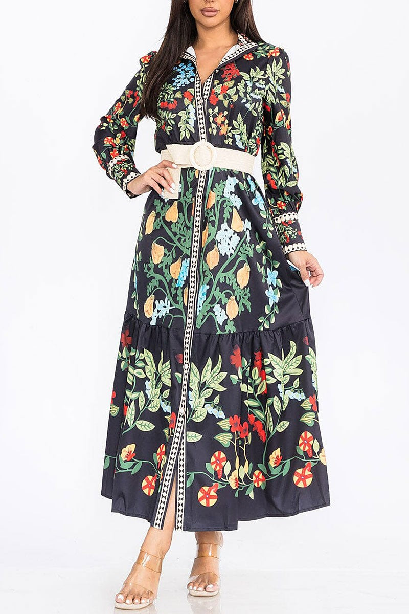 Long sleeve button up front belt floral maxi dress (RVWT7893)