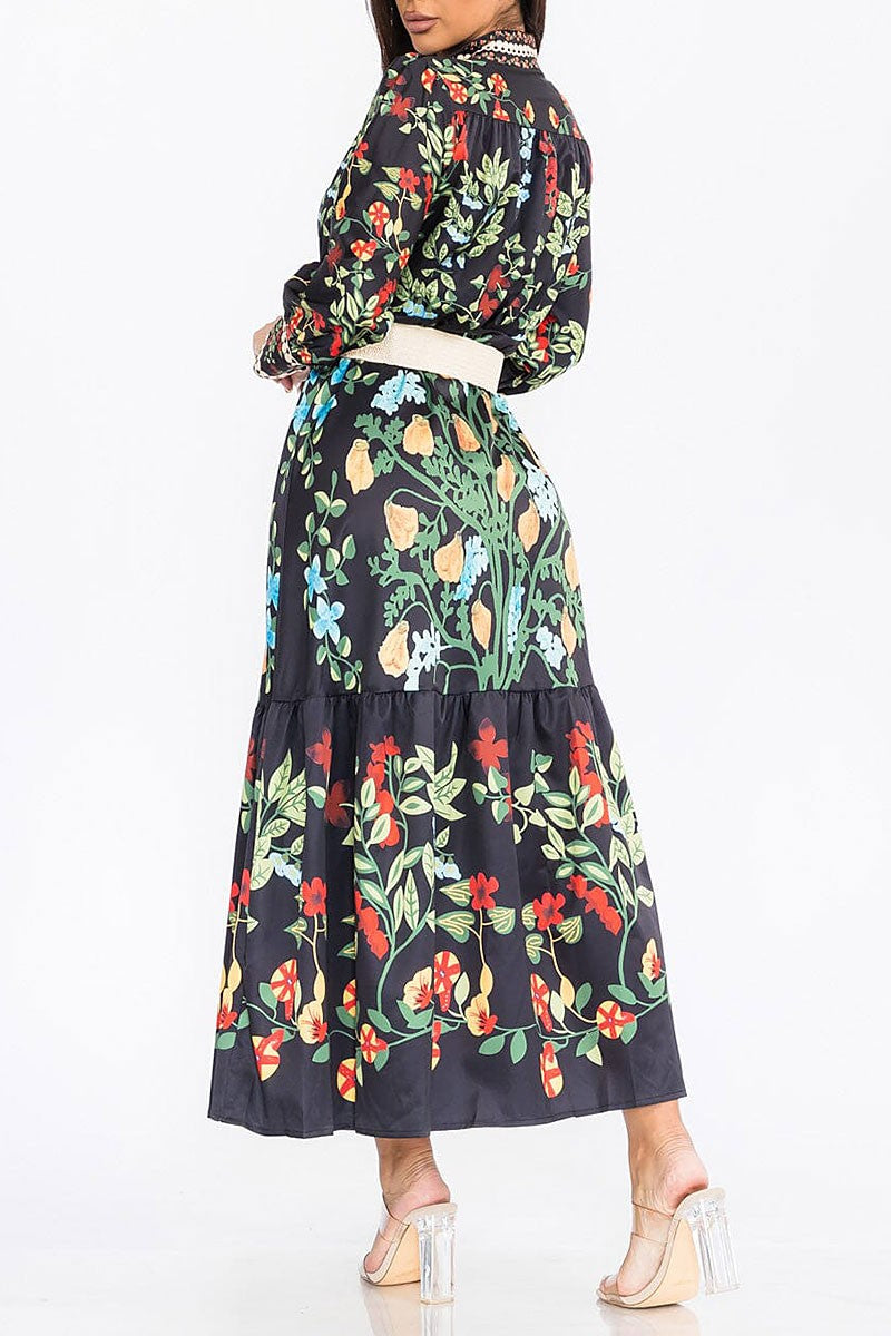 Long sleeve button up front belt floral maxi dress (RVWT7893)