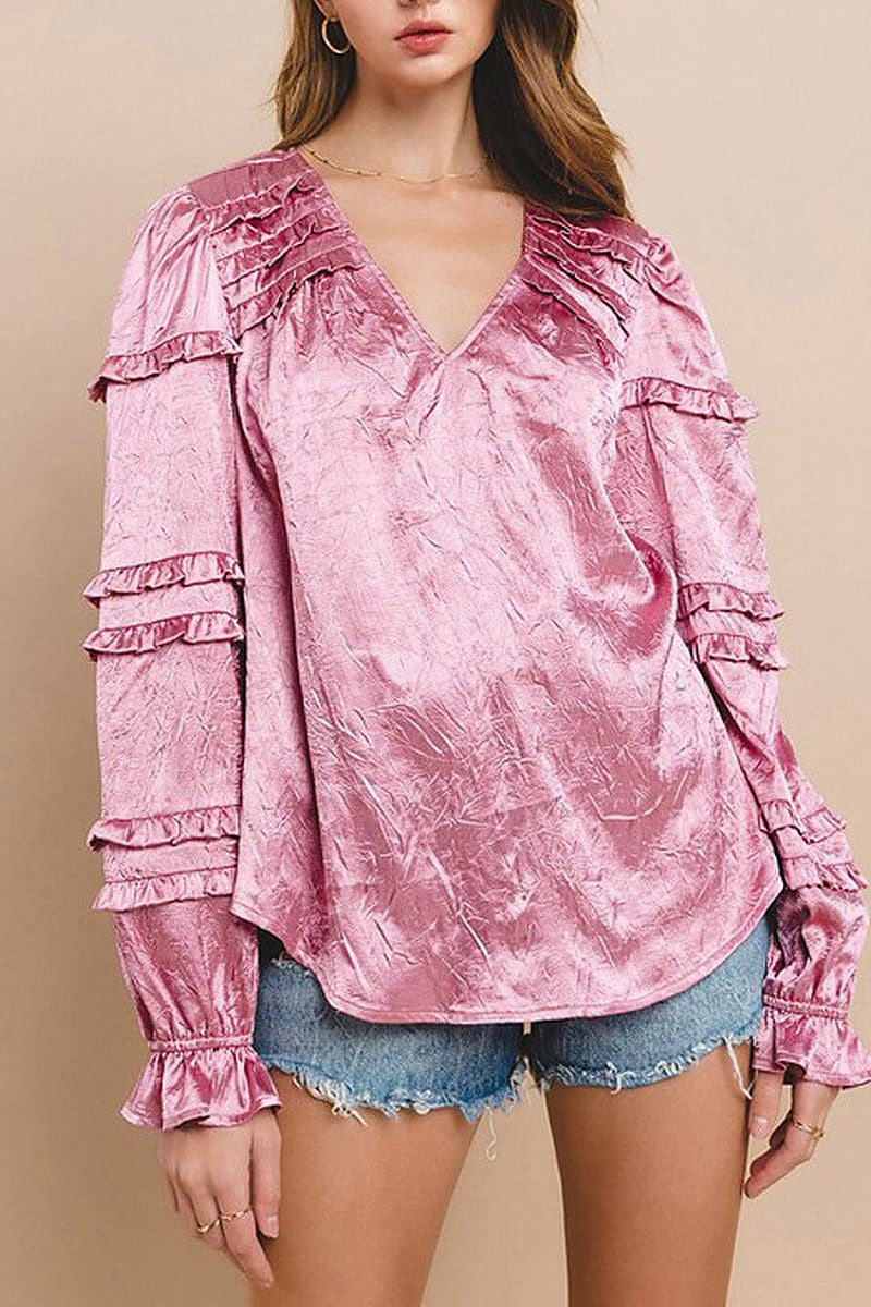 Long ruffle sleeve v-neck blouse top (RVWT7911)