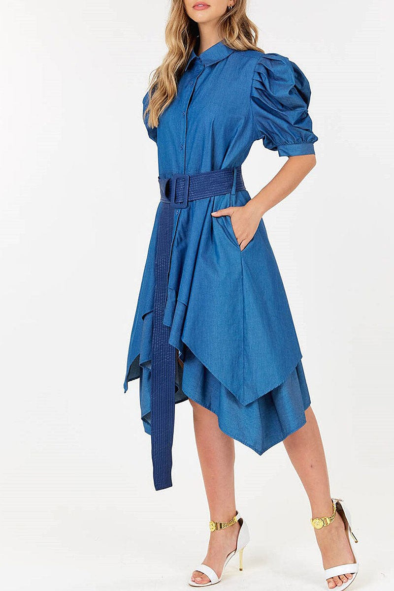 Puff sleeve button up front belt high-low dress (RVWT7915)