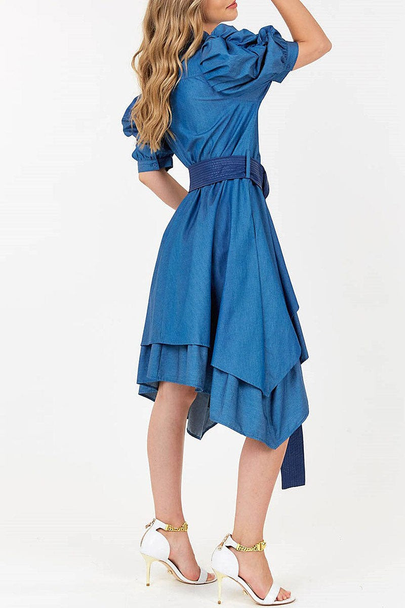 Puff sleeve button up front belt high-low dress (RVWT7915)