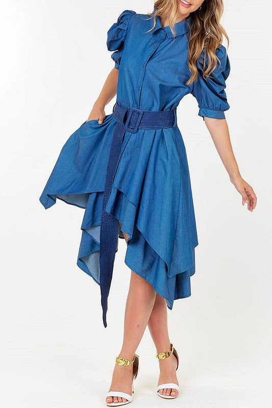 Puff sleeve button up front belt high-low dress (RVWT7915)