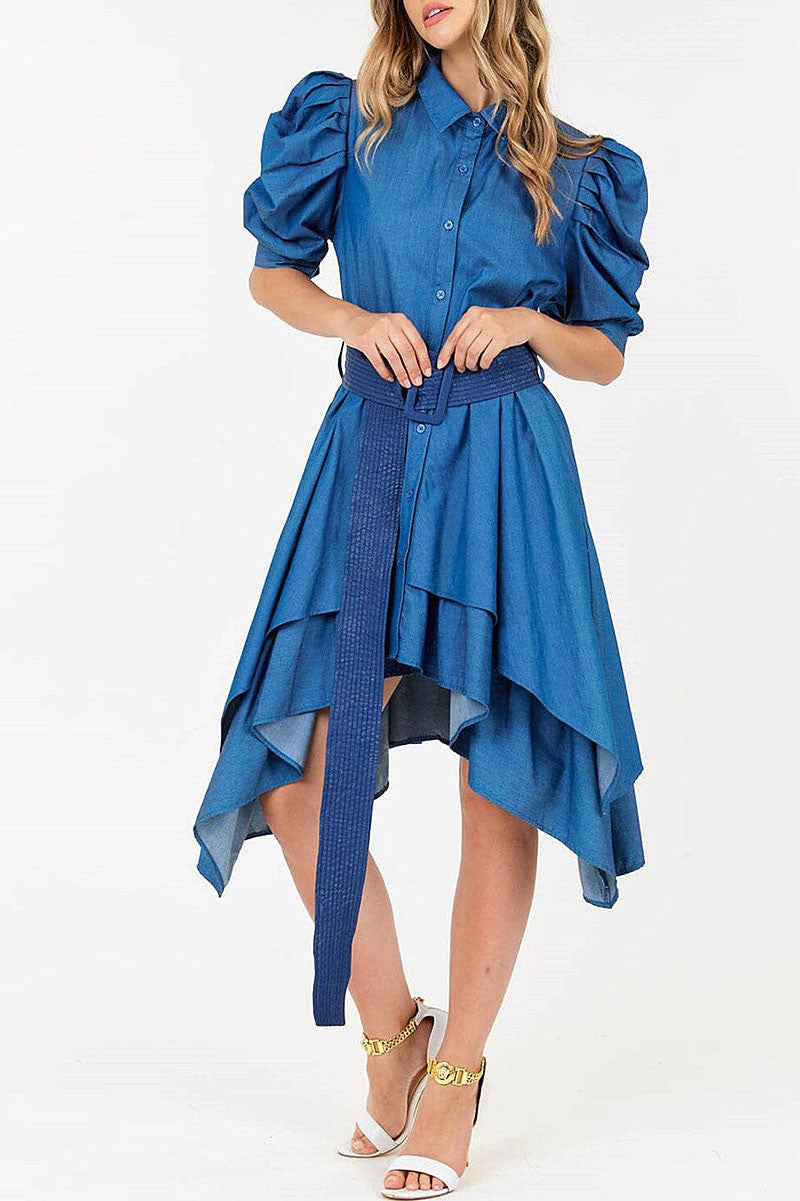 Puff sleeve button up front belt high-low dress (RVWT7915)