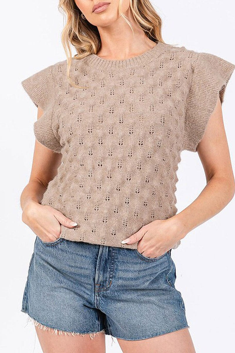 Short sleeve waffle detailed knit blouse top (RVWT7916)