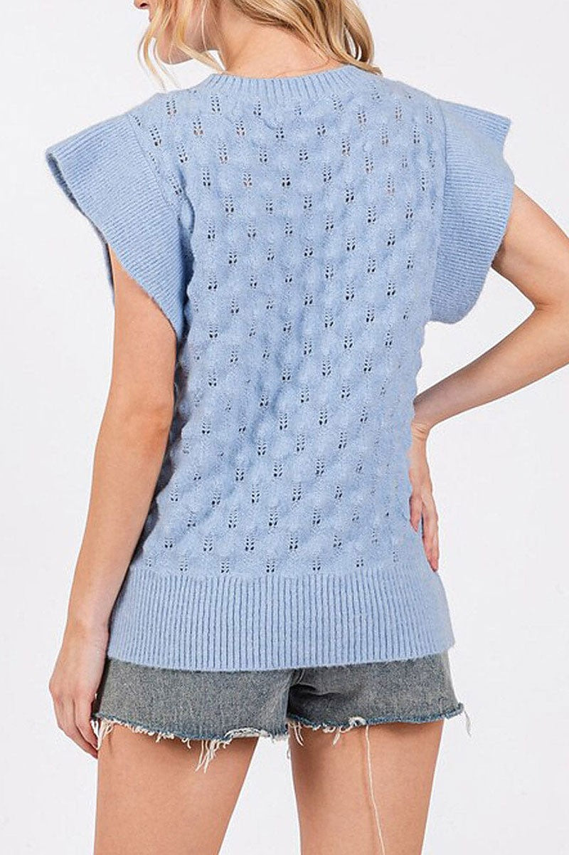 Short sleeve waffle detailed knit blouse top (RVWT7916)