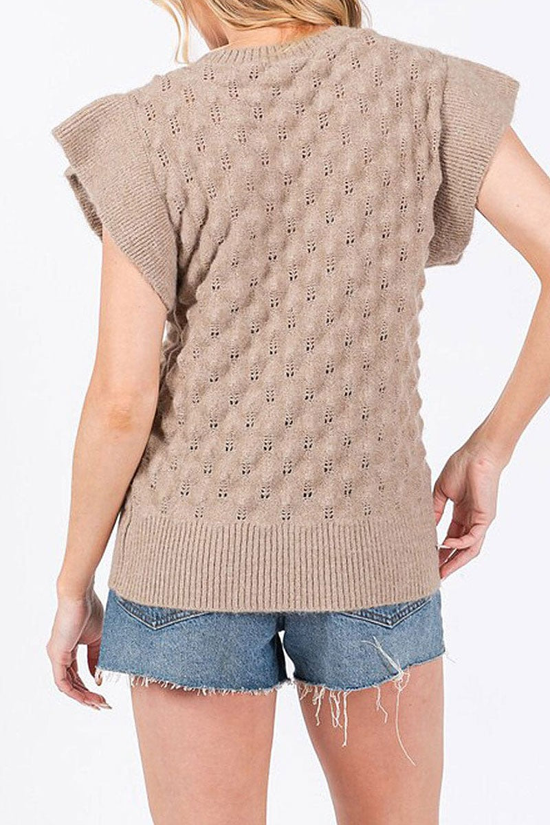 Short sleeve waffle detailed knit blouse top (RVWT7916)