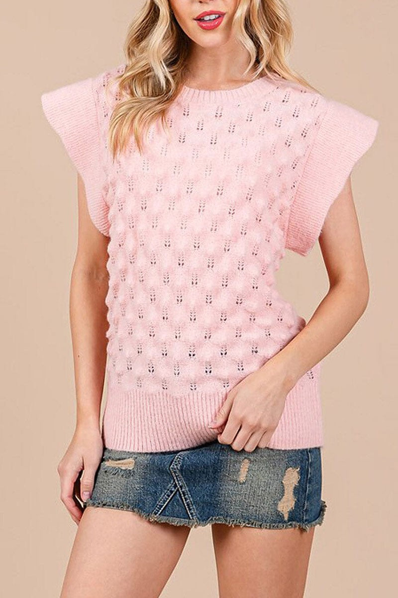 Short sleeve waffle detailed knit blouse top (RVWT7916)