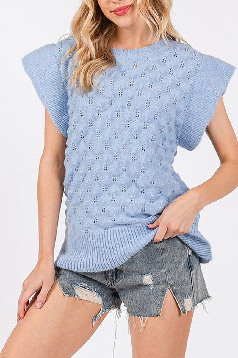 Short sleeve waffle detailed knit blouse top (RVWT7916)