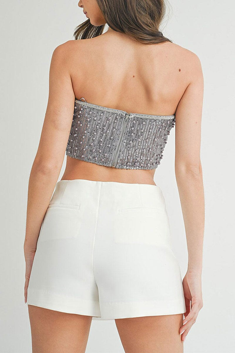 Sleeveless sequins pearl tube crop top (RVWT7922)