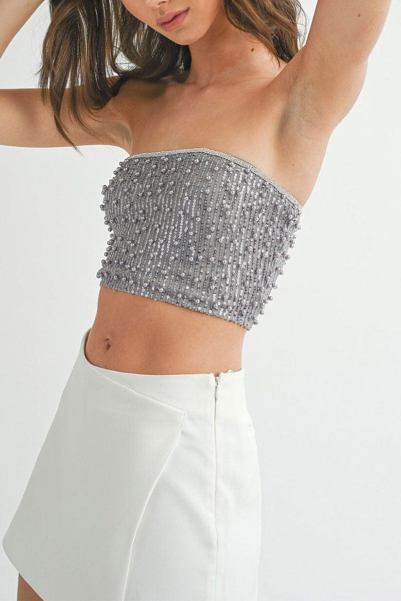 Sleeveless sequins pearl tube crop top (RVWT7922)