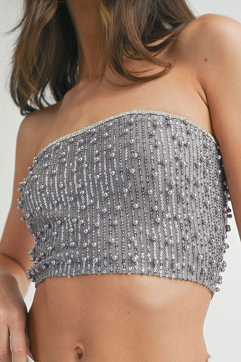 Sleeveless sequins pearl tube crop top (RVWT7922)