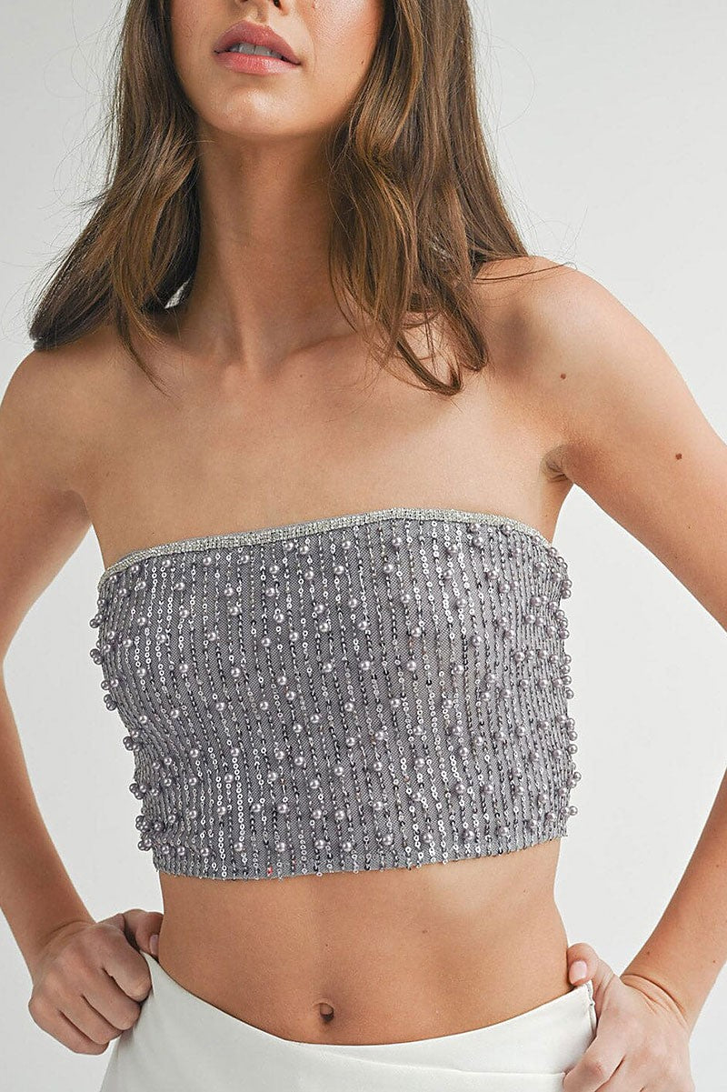 Sleeveless sequins pearl tube crop top (RVWT7922)